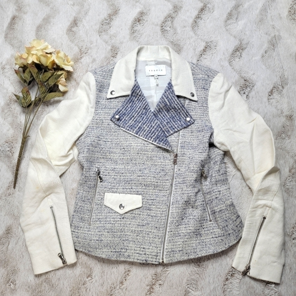 Sandro Paris‎ Vernis Tweed Moto Jacket Blue White Gray Size 38 - Picture 2 of 14
